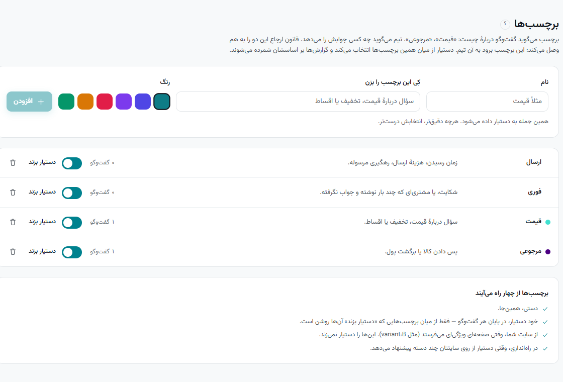 برچسب‌ها: هر کدام با معنی‌اش و کلید «دستیار بزند».